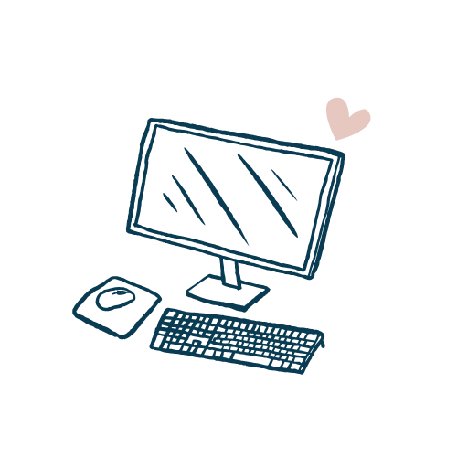 Pictogramme d'un ordinateur avec son clavier et sa souris et d'un petit coeur